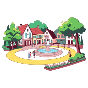A yellow brick road curves gracefully around a quaint historic town square. The square is surrounded by charming buildings with intricate architectural details, showcasing a mix of pastel colors. In the center of the square, there is a beautiful stone fountain, with flowing water glistening under the sunlight. Lush green trees provide shade, while colorful flower beds add vibrancy to the scene. People are leisurely strolling along the yellow brick road, enjoying the atmosphere of this picturesque setting.