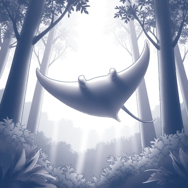 A large stingray flies gracefully through a forest sky. Its body is illuminated with a soft, glowing light, creating a striking contrast against the surrounding trees. The stingray has wide, flowing wings that appear to glide effortlessly among the branches. Below, lush green foliage creates a dense canopy, while rays of light filter through the leaves, illuminating the scene. The atmosphere is filled with the intricate details of the forest, including textured tree trunks and various plants, enhancing the magical essence of the moment.