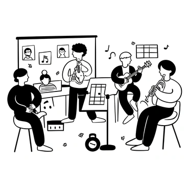 A music classroom filled with students engaged in playing various instruments. A boy is sitting at a piano, his hands poised above the keys, while a girl stands nearby holding a violin under her chin, preparing to play. Another student is seated with a trumpet, focusing intently on his sheet music. In the background, a girl strums a guitar, and a boy taps a tambourine in rhythm. A music stand displaying sheet music is placed in the center of the room, surrounded by scattered notes and a metronome. The walls of the classroom are decorated with posters of musical notes and famous composers.