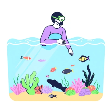 A snorkeler with a blue wetsuit is floating on the surface of clear tropical waters. The snorkeler is wearing a mask and snorkel, and they are looking down at an underwater scene. Below, a diverse array of fish in various shapes and sizes are swimming among colorful corals. Some fish have distinct patterns, while the corals are intricately shaped, creating a lively underwater landscape. Sunlight filters through the water, creating rippling light patterns on the sandy ocean floor.