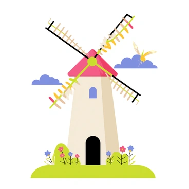 A whimsical windmill with a tall, spiraling structure painted in bright colors. The blades of the windmill are adorned with colorful banners and flowers. Surrounding the windmill are small magical creatures such as fairies with shimmering wings and tiny gnomes peeking out from behind flower bushes. The sky above is a vibrant blue with fluffy white clouds, and the ground is covered in a carpet of lush green grass scattered with wildflowers.