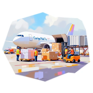 A busy airport logistics operation showcasing the movement of cargo under the "Carriage Paid To" (CPT) incoterm. In the foreground, cargo handlers are efficiently loading crates and packages onto an airplane. Each worker is wearing a bright safety vest and is focused on their task, using equipment such as forklifts and tugs. In the background, a large cargo plane is parked, its cargo door open, revealing additional shipments. The tarmac is bustling with activity, featuring various vehicles transporting goods between different sections of the airport. Several banners display "Carriage Paid To" prominently, signifying the shipment's terms. The sky is clear, and the atmosphere reflects a sense of urgency and organization.