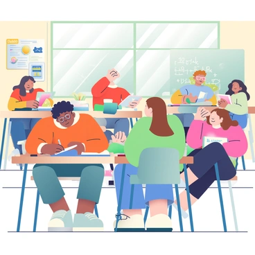 A bustling high school classroom is filled with students engaged in various activities. In the foreground, a group of three students are collaborating on a project at a wooden table, with textbooks and notebooks scattered around them. One student with curly black hair is writing notes in a blue binder, while another student with glasses is pointing at a diagram in a textbook. Nearby, a girl with long brown hair is raising her hand to answer a question posed by the teacher. 

At the back of the classroom, a boy in a red hoodie is playing a game on his phone, while another student is sketching in a notebook. The walls of the classroom are decorated with educational posters, and a whiteboard at the front has math equations written on it. Sunlight streams through large windows, illuminating the room and creating a lively atmosphere.