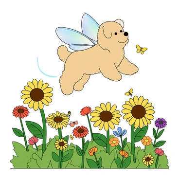 A small dog with fluffy fur in shades of cream and brown. It has delicate, iridescent fairy wings that shimmer in the sunlight. The dog is playfully hovering above a colorful flower garden filled with vibrant blooms in various shapes and sizes, including tall sunflowers, bright daisies, and lush green leaves. The scene showcases the dog's curious expression as it looks down at the flowers below, surrounded by fluttering butterflies and buzzing bees. The garden is bathed in warm sunlight, highlighting the lively colors of the petals and the soft textures of the leaves.