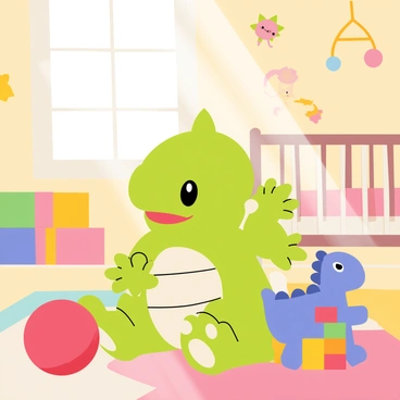 A small Baby Bowser with green skin and a spiky shell is sitting on a colorful rug in a nursery. He is surrounded by various toys, including a bright red ball, a blue plush dinosaur, and stacking blocks in multiple colors. The nursery features pastel-colored walls adorned with cartoon animals, and there is a crib in one corner with a mobile hanging above it. Sunlight streams through a window, casting a warm glow over the scene, highlighting Baby Bowser's playful expression as he reaches for a toy.