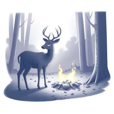 A deer stands at the edge of a wooded area, gazing attentively at a campfire in the distance. Its ears are perked up, and its body is partially turned, indicating its cautious nature. The campfire flickers brightly, casting shadows on the surrounding trees. The forest is dense, with tall trees providing a natural backdrop, and the ground is covered in a mix of leaves and underbrush. There are glowing embers rising from the fire, creating a warm light that contrasts with the dark silhouette of the deer.