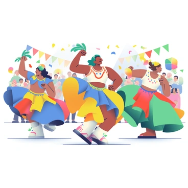 A group of dancers with diverse skin tones is performing in a Brazilian carnival parade. They are wearing vibrant costumes adorned with feathers in hues of blue, yellow, red, and green. Each dancer is showcasing a different dance pose, with flowing skirts and embellishments catching the light. The atmosphere is filled with energy as the dancers are surrounded by festive decorations, including colorful banners and confetti falling from above. In the background, a crowd of onlookers is cheering, adding to the lively scene of celebration.