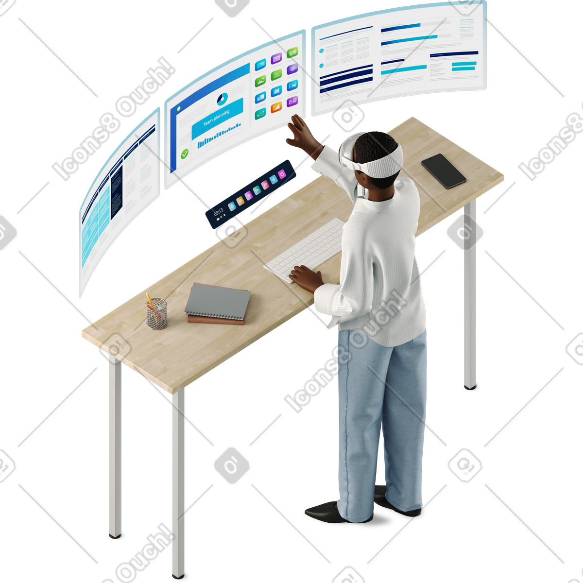 Donna con occhiali vr che guarda le pagine del sito web illustrazione in stile 3D Business scarica in PNG, SVG