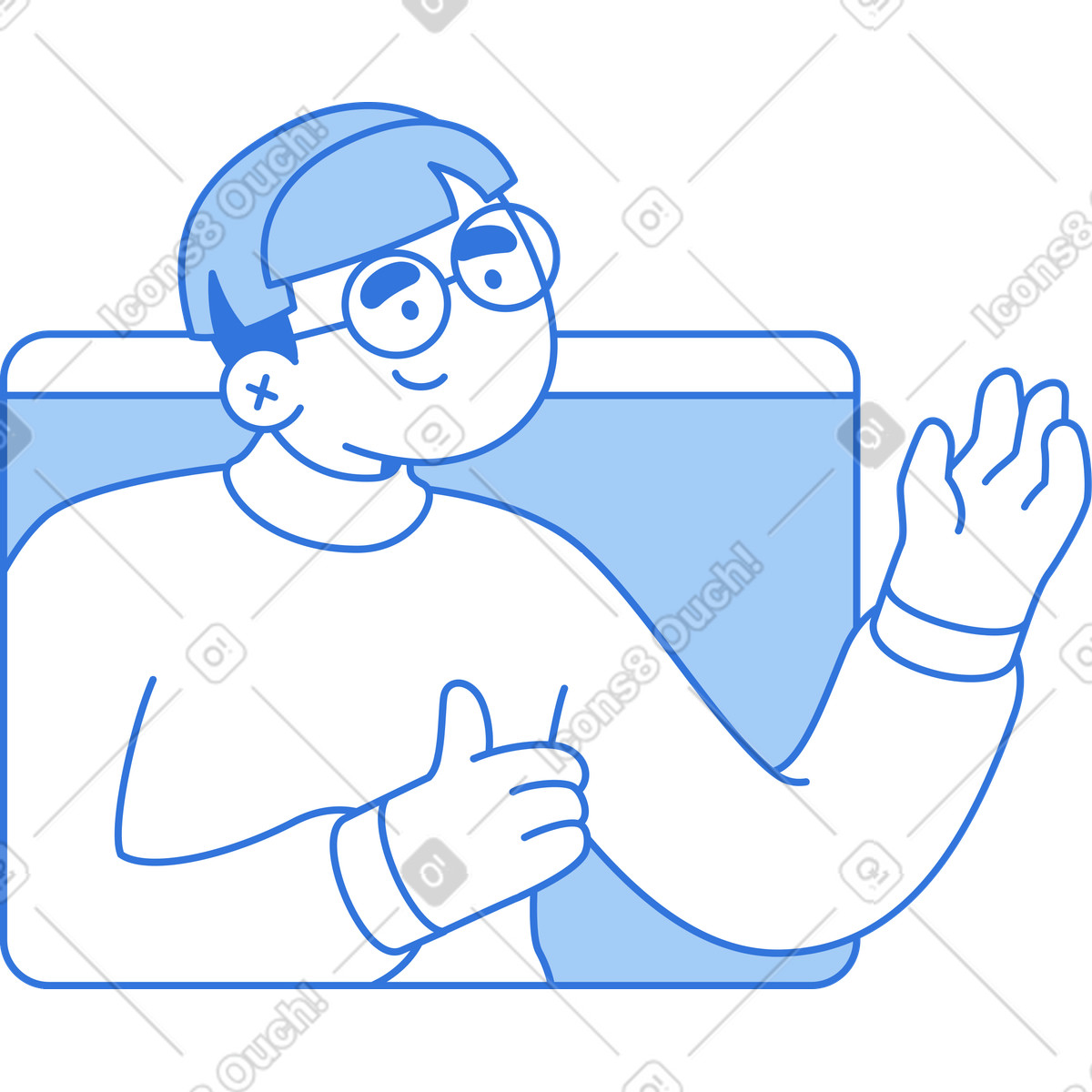 Illustration Homme montrant les pouces vers le haut dans la fenêtre du navigateur style Sky à télécharger aux formats PNG, SVG