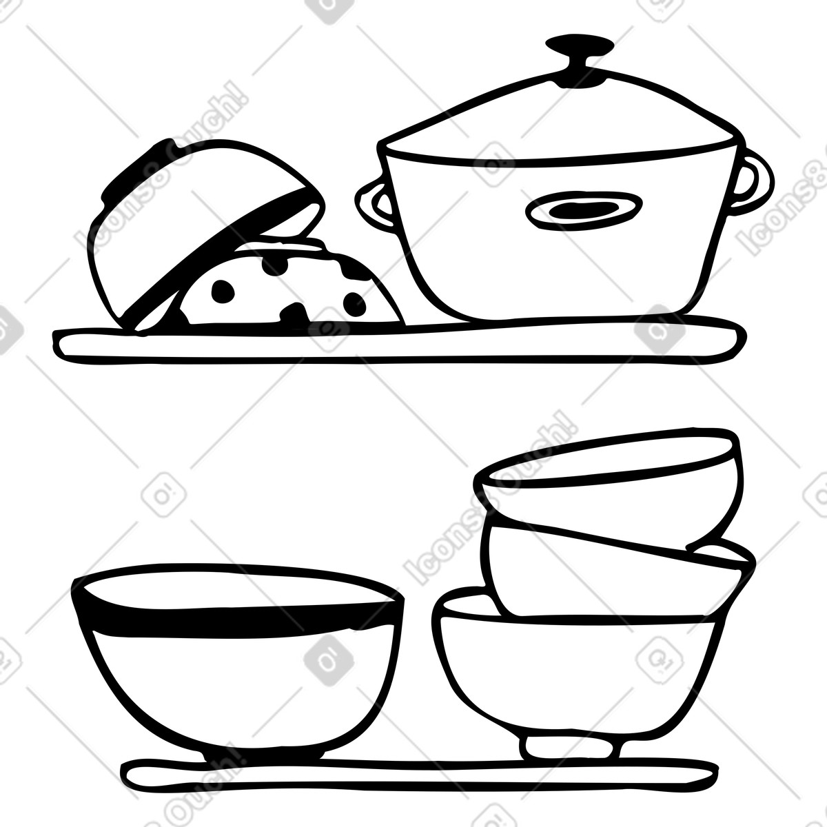 Kitchen shelves with dishes illustration in Marks style download in PNG, SVG