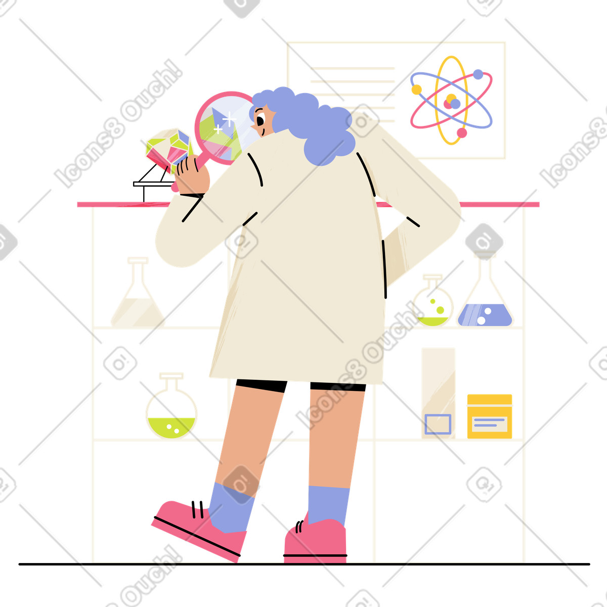 Wissenschaftler untersucht einen kristall animierte Illustration im Juicy-Stil als Download in GIF, Lottie (JSON), AE