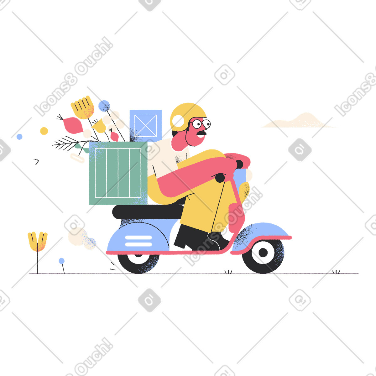 A man riding scooter with parcel on the back illustration in Pablo style download in PNG, SVG