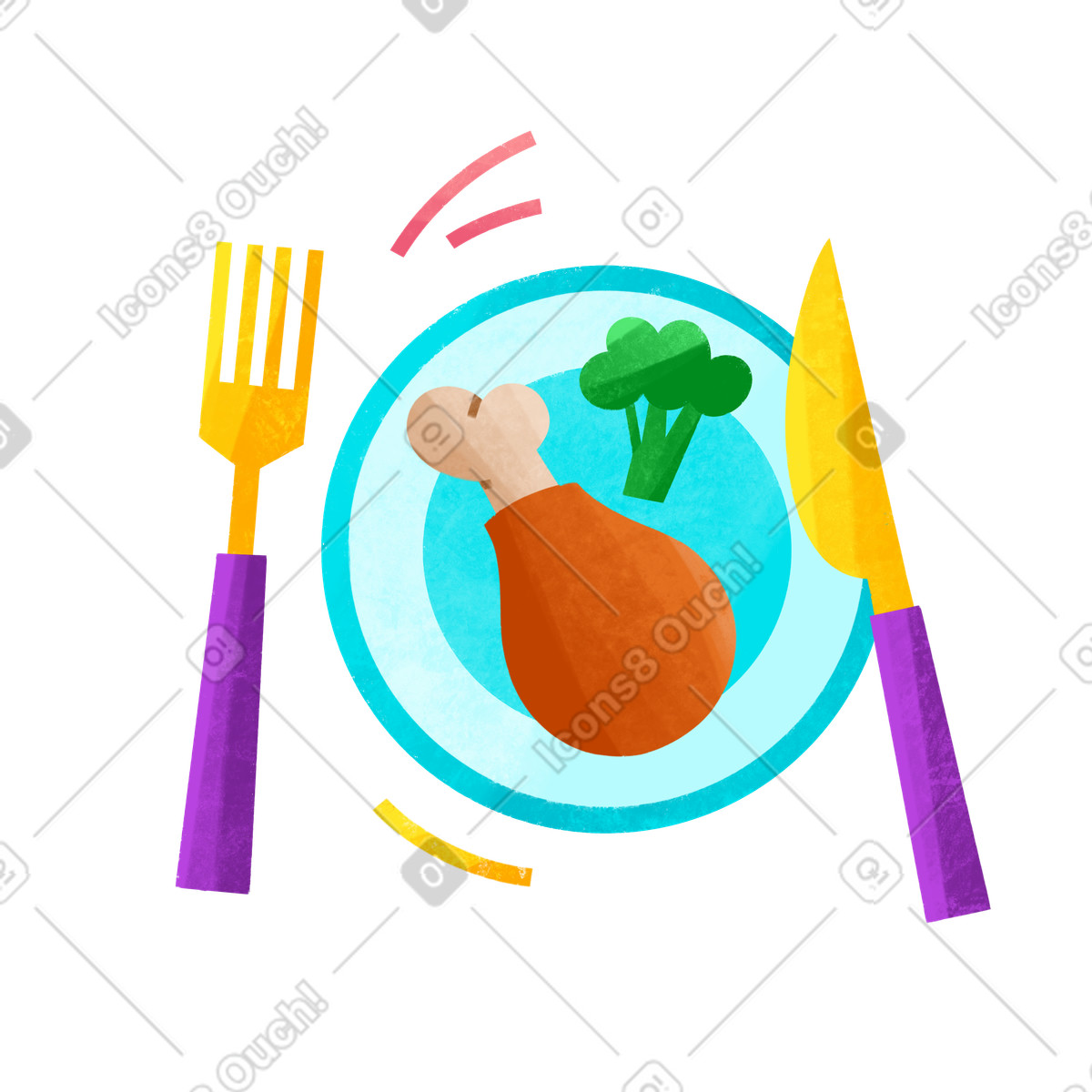 Cutlery with chicken leg and broccoli illustration in Bonbon style download in PNG, SVG
