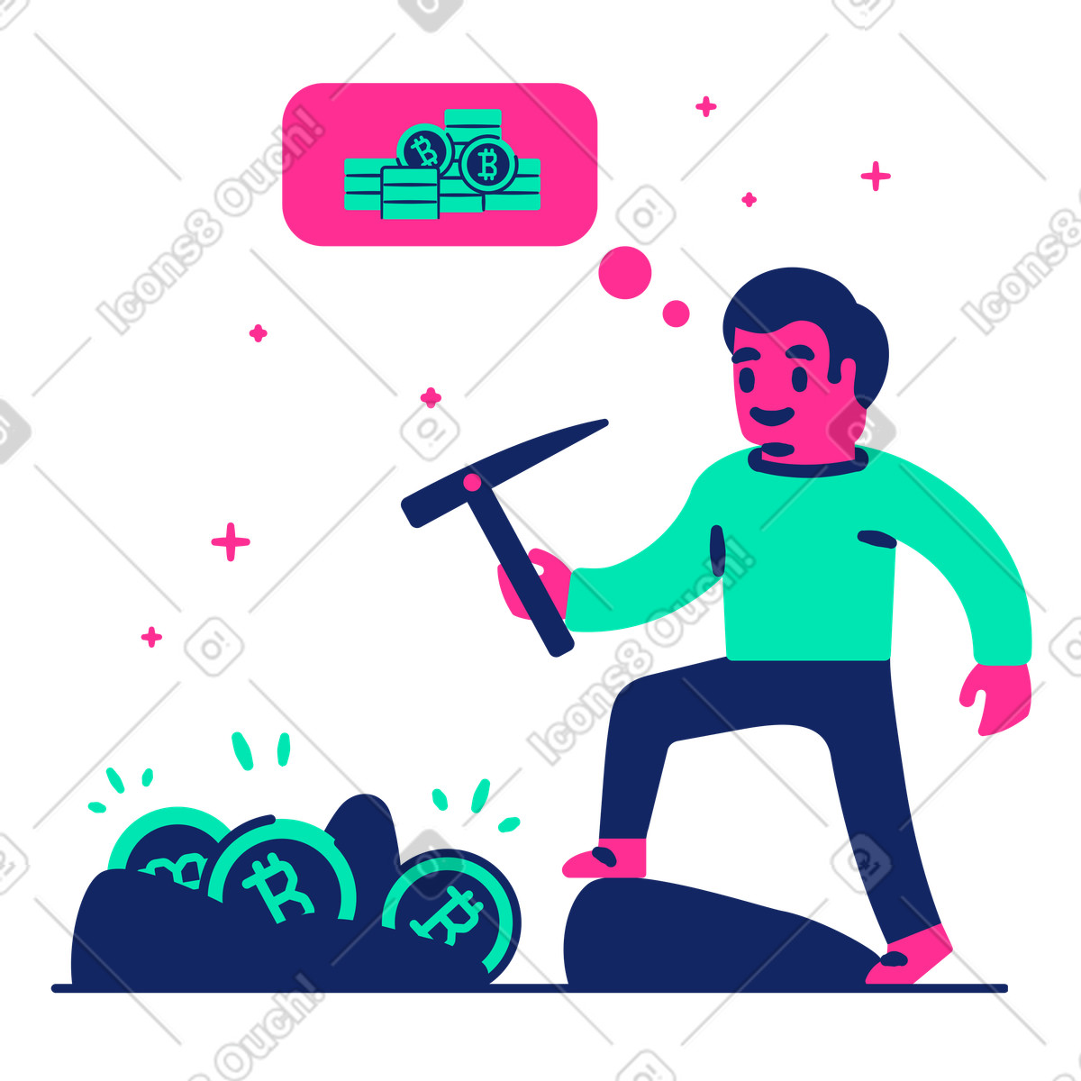 Man mining bitcoin with a pickaxe illustration in Cyborg style download in PNG, SVG
