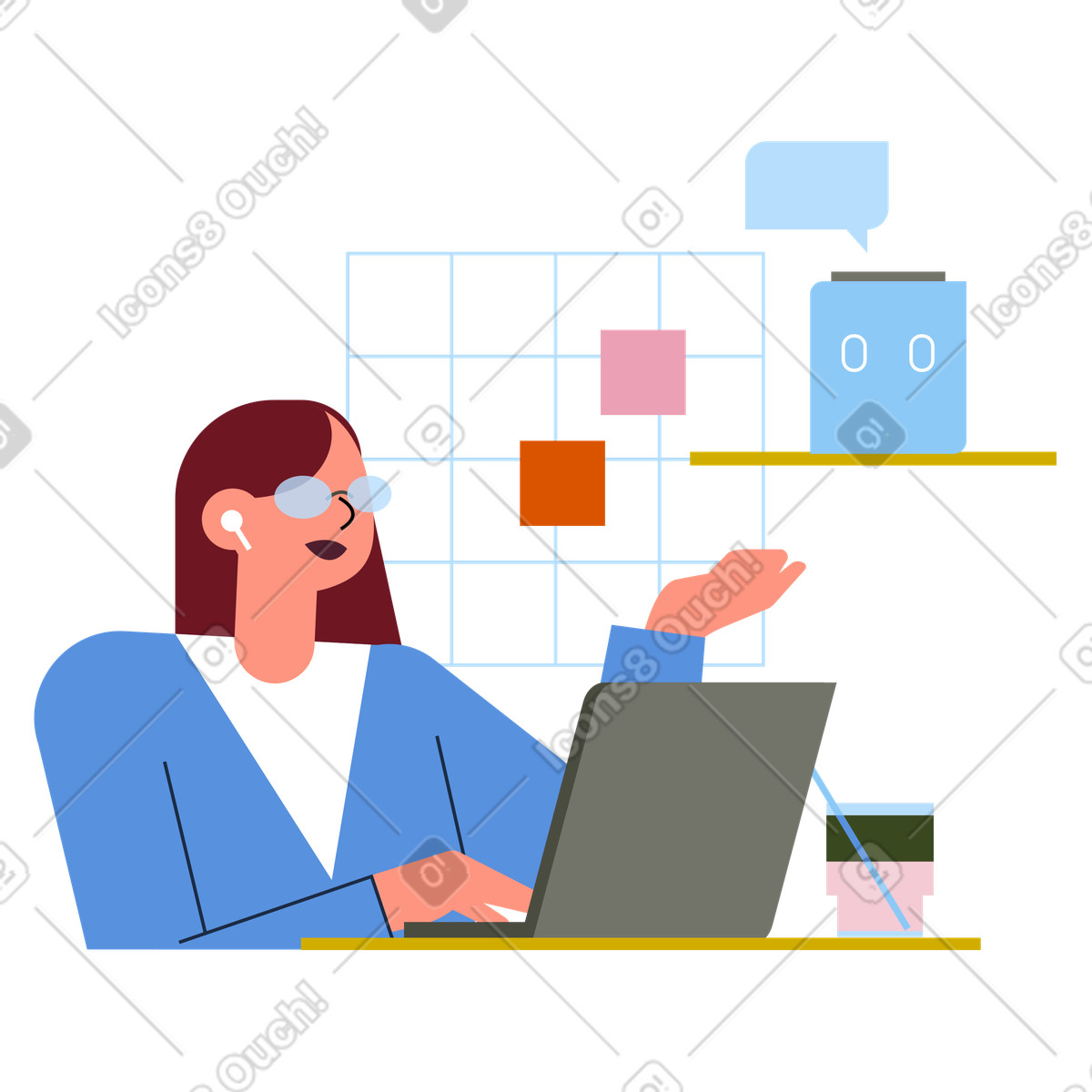 Ilustración animada Trabajo remoto con asistente de voz inteligente, digital manos libres para el trabajo, productividad activada por en escritorio estilo Vector a descargar GIF, Lottie (JSON), AE