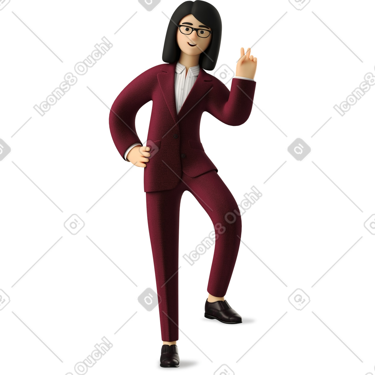 Businesswoman in red suit leaning with one leg and showing peace sign illustration 3D Business style download PNG, SVG