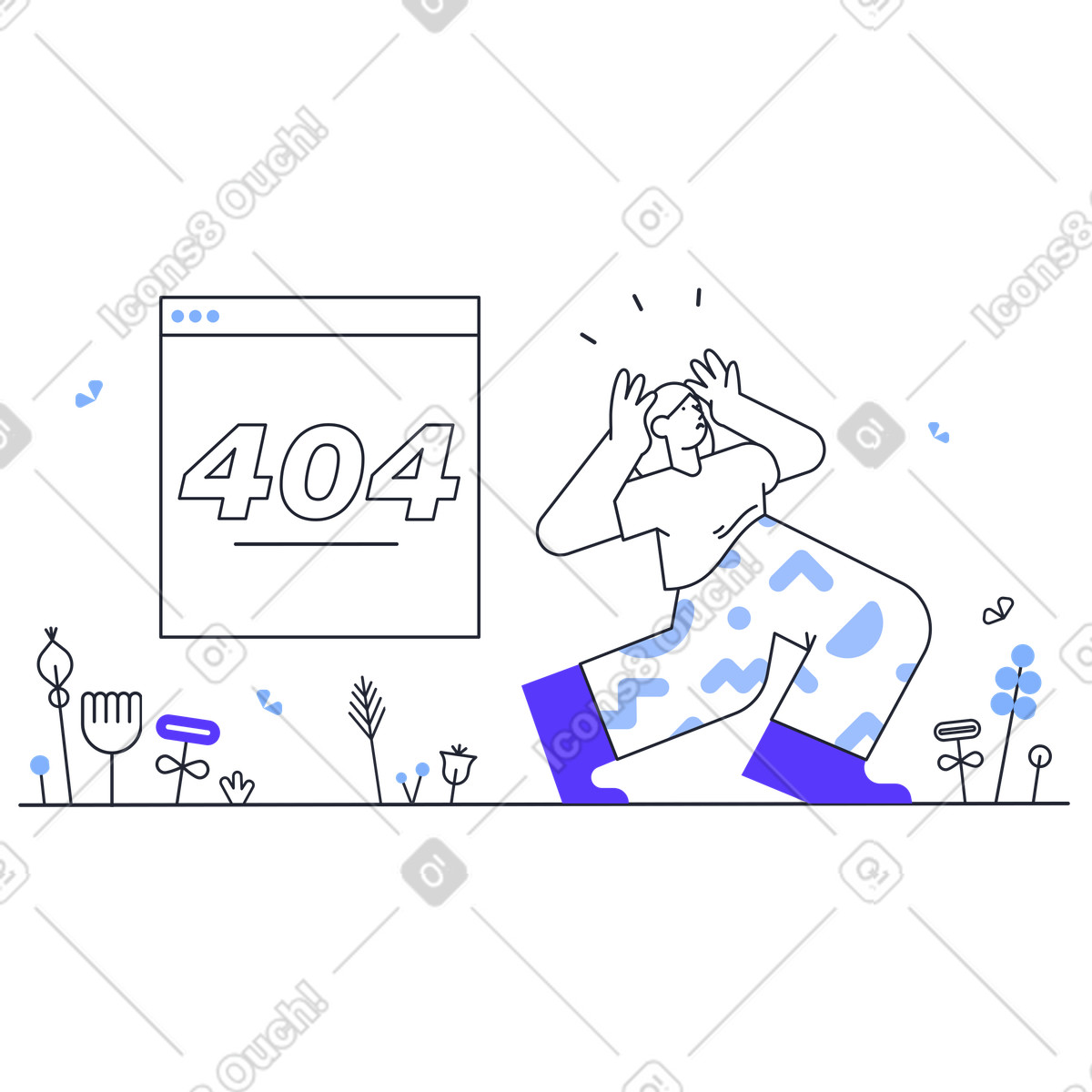 User confused by 404 error page, Website not found or broken link illustration in Pablita style download in PNG, SVG