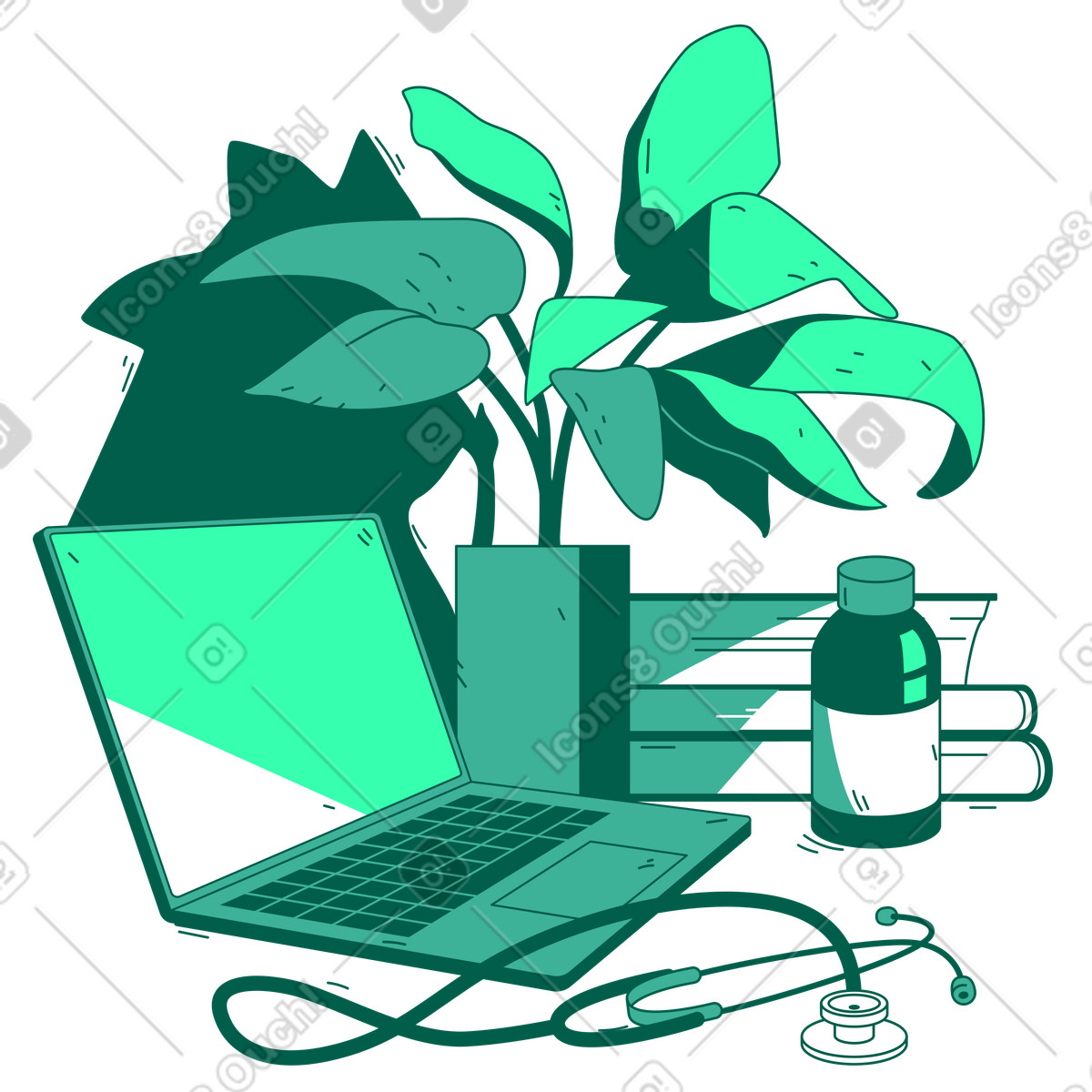 Иллюстрация Фонендоскоп, ноутбук и бутылочка с лекарством в PNG и SVG