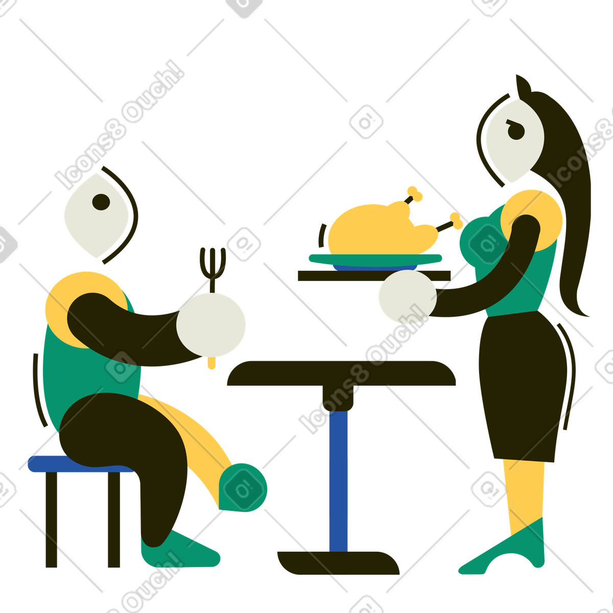 Woman bringing roasted turkey illustration dinner clipart for culinary projects in vector