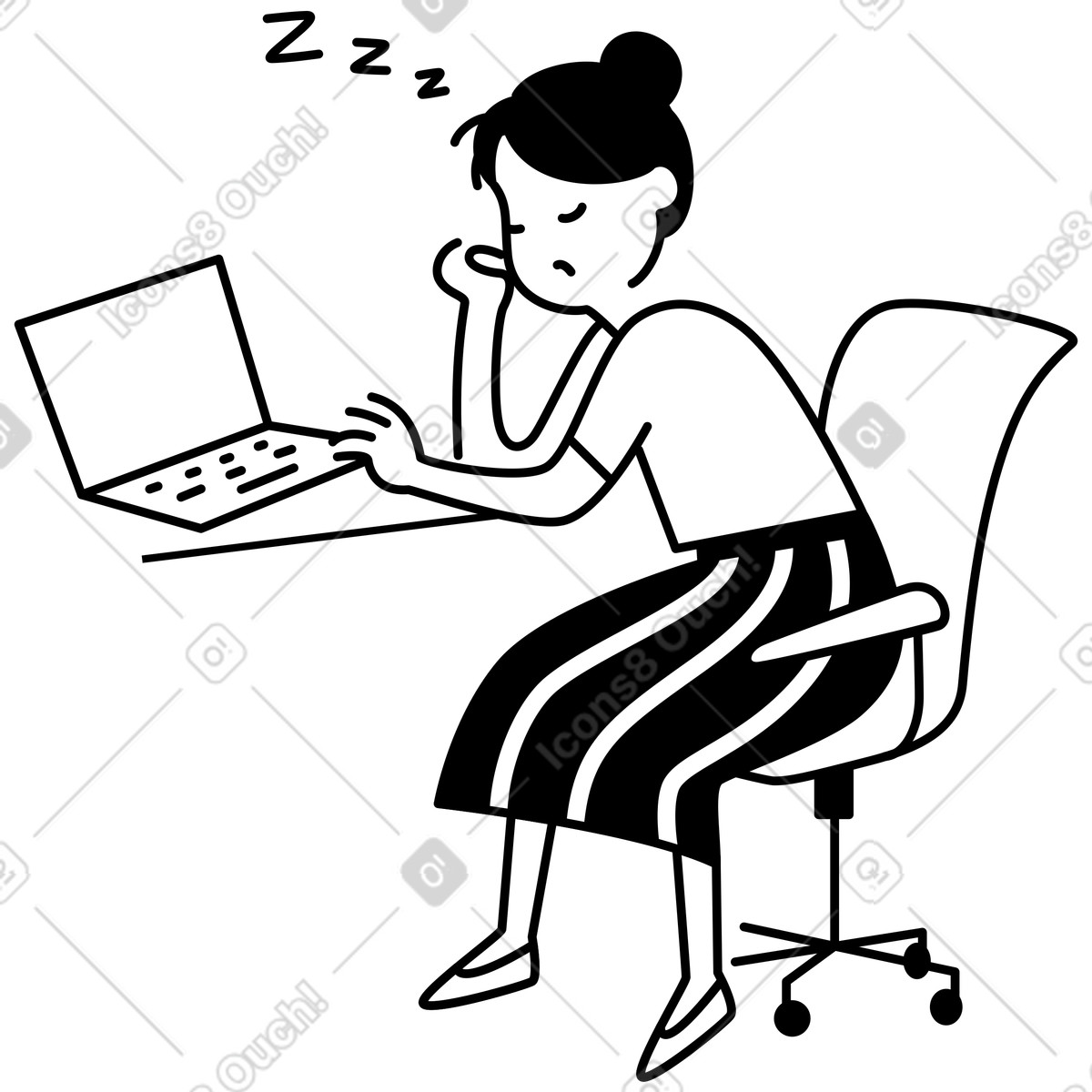 Laptop user feeling bored while sitting on office chair illustration in Notion Line Art style download in PNG, SVG