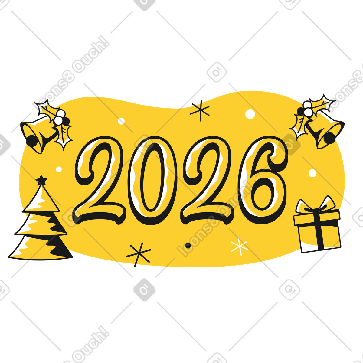 Ilustración Número 2026 con árbol de navidad y regalo. en estilo Taxi a descargar en PNG SVG
