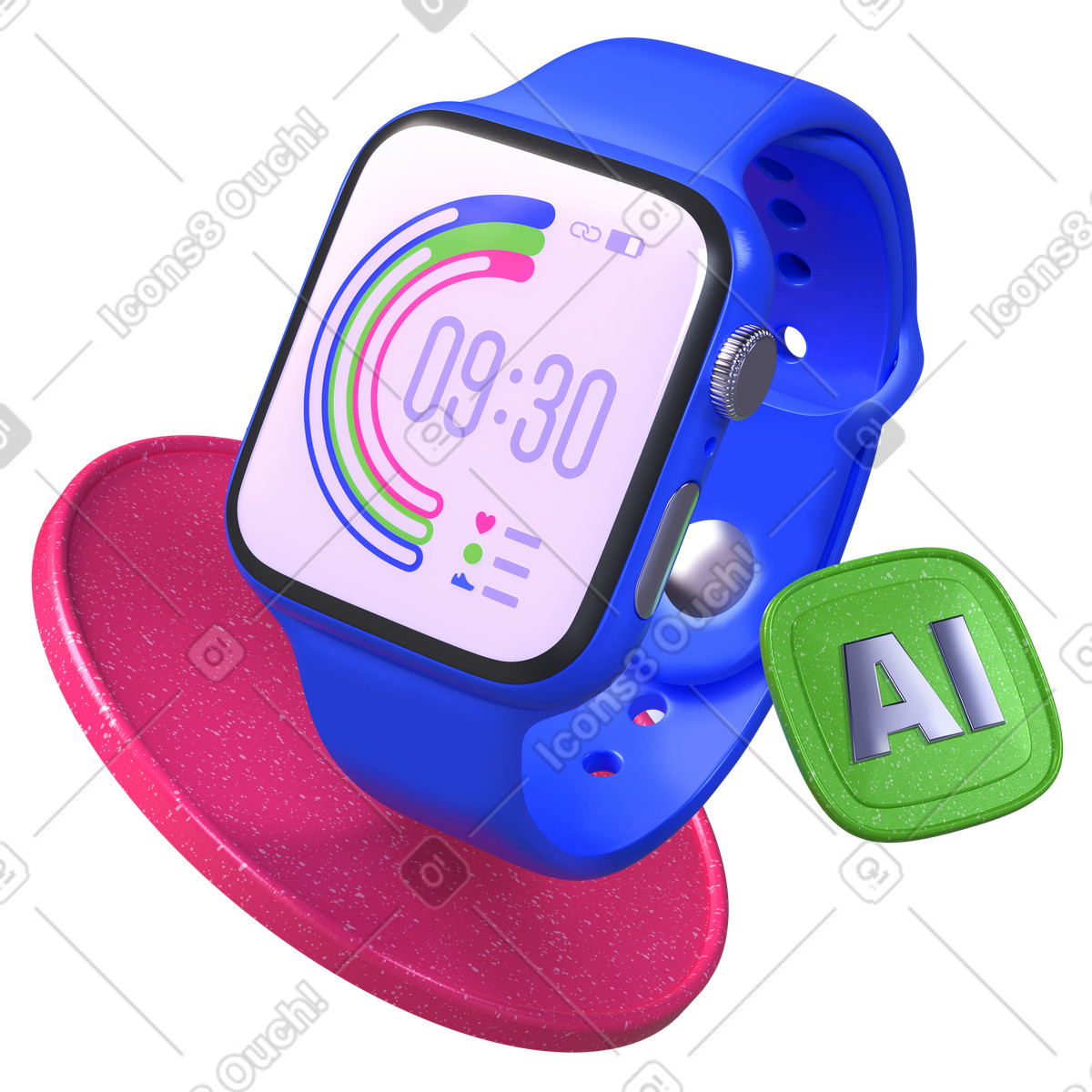 AI powered smartwatch display illustration featuring activity rings, health monitoring clipart in PNG SVG GIF