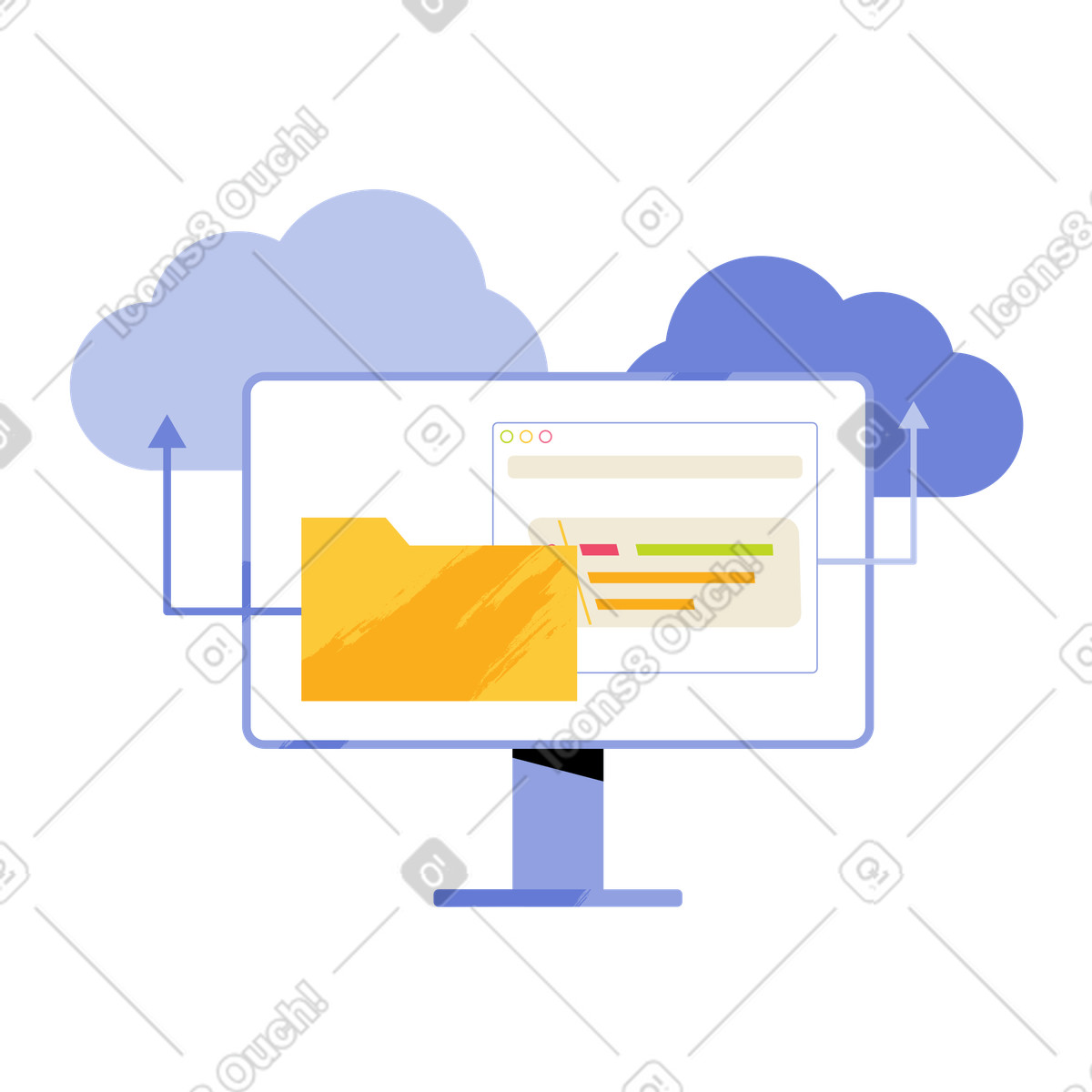 Illustration Computer screen showing folder uploading to cloud, Cloud file backup and storage dans le style Juicy à télécharger aux formats PNG, SVG