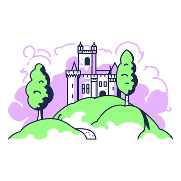 A grand ancient castle stands majestically atop a hill. The castle features tall towers with turrets and intricate stonework. Surrounding the castle, swirling mist envelops the landscape, creating an ethereal atmosphere. Tall trees with thick trunks and dense foliage rise around the hill, partially obscuring the view of the castle. The scene conveys a sense of mystery and history, with the castle's silhouette prominent against the misty backdrop.