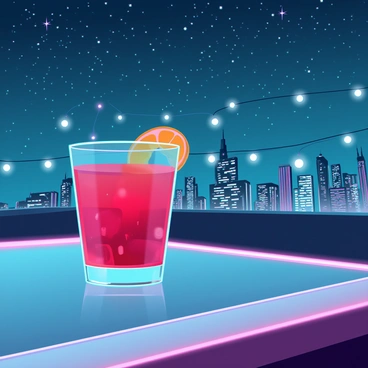 A classic negroni cocktail served in a crystal glass with a twist of orange peel resting on the rim. The drink is placed on a sleek metal table with a view of a city skyline. The rooftop setting is adorned with elegant string lights casting a warm glow. Above, a vast night sky filled with numerous twinkling stars creates a captivating backdrop. The scene is tranquil, with a gentle breeze moving through the air, enhancing the evening atmosphere.