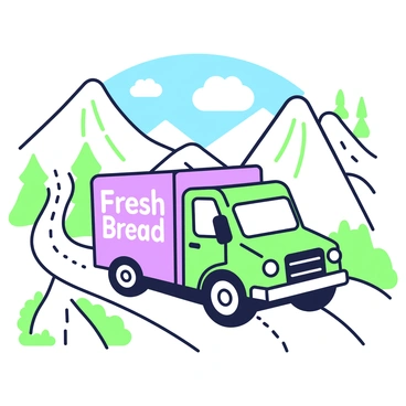 A bread truck is driving on a winding mountain road, surrounded by steep cliffs and rolling hills. The truck is a boxy design with large wheels and a prominent front grille. It features the words "Fresh Bread" in bold letters on its side. The road twists and turns sharply, leading upward as it follows the natural contours of the mountain. In the background, there are coniferous trees dotting the landscape and a clear blue sky overhead. A few clouds drift lazily, adding depth to the scenery. The truck’s headlights are on, illuminating the path ahead as it ascends the mountain road.