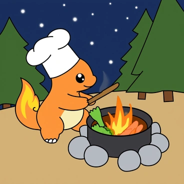 A small orange Charmander with a flame on its tail is standing beside a crackling campfire. It is wearing a tall white chef's hat perched on its head, emphasizing its role as a cook. Charmander is holding a wooden spoon and stirring a bubbling pot placed over the fire. The pot has colorful ingredients peeking out, such as bright green vegetables and orange carrots. Surrounding the campfire are several smooth stones, and in the background, there are trees creating a playful forest setting. The night sky is visible, dotted with twinkling stars.