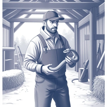 A farmer is standing inside a winter barn, surrounded by wooden beams and hay scattered on the ground. He is holding a snake in his hands, the snake appears to be alive and rejuvenated. The farmer, dressed in warm, rugged clothing, has a focused expression on his face as he gently cradles the serpent, showcasing the intricate scales and body of the snake. Sunlight streams through the cracks in the barn, illuminating the scene. The barn is filled with farming tools, and the atmosphere suggests a sense of care and connection between the farmer and the creature he has revived.
