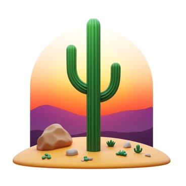 A desert landscape featuring a tall cactus with intricate arm formations. The cactus is silhouetted against a shimmering vapor haze that creates a soft glow in the atmosphere. The foreground displays sandy terrain with scattered rocks and small desert plants. The background showcases a gradient sky transitioning from deep orange to soft purple, indicating sunset. The scene captures the essence of a tranquil desert environment.