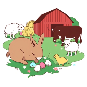 An Osterhase surrounded by farm animals as it hides Easter eggs in a barnyard
