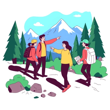 A group of four colleagues is hiking on a rugged mountain trail. The first colleague is wearing a red jacket and is taking a photo of the scenic view. The second colleague, dressed in a yellow shirt, is pointing towards a distant mountain peak while smiling. The third colleague, in a teal cap, is holding a water bottle and looking at a map. The fourth colleague, wearing a white backpack, is walking closely behind them, enjoying the fresh air. Lush green trees and rocky terrain surround the trail, and a clear blue sky is above them, creating a vibrant outdoor atmosphere.