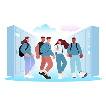 A group of students is walking in a school hallway, each carrying a backpack. The students are maintaining a neat posture as they move, with their heads held high. The hallway is lined with lockers on either side, and there are colorful posters on the walls. The students are dressed in casual clothing, and the atmosphere is vibrant with a sense of activity. A few students are engaged in conversation while others focus ahead, creating a dynamic scene of school life.