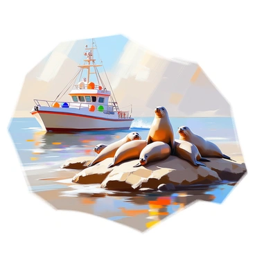 A fishing barge floats calmly in the water, its deck adorned with fishing gear and colorful buoys. The boat is actively moving past a rocky island where a group of seals are basking in the sunlight. These seals, with sleek bodies and whiskered faces, are spread out on the warm rocks, some resting with their flippers tucked in while others are perched on their bellies. The sun casts a warm glow on the scene, highlighting the textures of the rocks and the smooth surfaces of the seals. In the background, gentle waves ripple against the shore, completing this coastal setting.