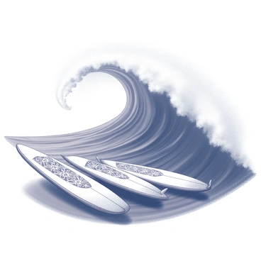 A large ocean wave is cresting dramatically, showcasing its powerful motion. In the foreground, several surfboards with intricate "ahki" designs on their decks are positioned prominently. The surfboards have distinct shapes and sizes, each displaying unique patterns characteristic of ahki art. The scene captures the dynamic interaction between the surfboards and the wave, highlighting the thrill of surfing as the wave towers above them. The water is textured, illustrating the movement and energy of the ocean.