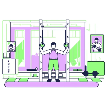A vintage gym interior showcases an old-school cable crossover machine in the center. The machine features two tall vertical columns connected by cables, with weights on each side clearly labeled. A person is positioned in the middle, grasping the cables with both hands, engaged in a workout. The walls of the gym are lined with wooden paneling, and vintage gym posters hang on the walls, depicting athletes and fitness tips. The floor is made of hardwood, with gym mats scattered around. Natural light streams in through large windows, illuminating the entire scene.