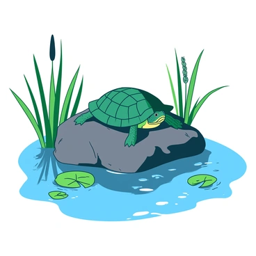 A teal turtle is basking on a rough, dark gray rock that juts out of a calm, reflective marsh pond. The turtle's shell is glossy and patterned, glistening in the warm sunlight. Surrounding the rock, tall green reeds and cattails are swaying gently in the breeze, casting soft shadows on the water's surface. Small ripples are forming around the rock, reflecting the bright blue sky above. The pond is dotted with patches of vibrant green lily pads, creating a picturesque scene.