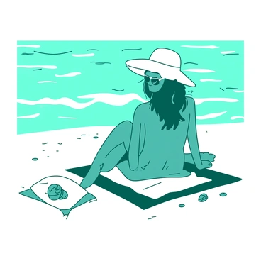 A teal person is sitting on a white sandy beach, soaking in the sun. The person has their eyes closed, enjoying the warmth, with a wide-brimmed white hat and sunglasses resting on their face. Next to them, there is a small white beach towel spread out on the sand. In the background, the turquoise ocean is gently crashing against the shore, creating rhythmic waves that reflect the sunlight. A few scattered beach shells are visible around the person, adding to the beach atmosphere.