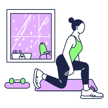 A person is performing glute kickbacks in a basement gym. The individual is wearing black workout leggings and a fitted tank top. They are positioned on all fours, with one leg lifted behind them, demonstrating the exercise. In the background, various gym equipment is visible, including a set of dumbbells and a yoga mat. A window shows rain falling outside, with droplets streaming down the glass, creating a contrast between the indoor workout and the rainy weather. The dim lighting inside the gym adds a focused atmosphere to the scene.