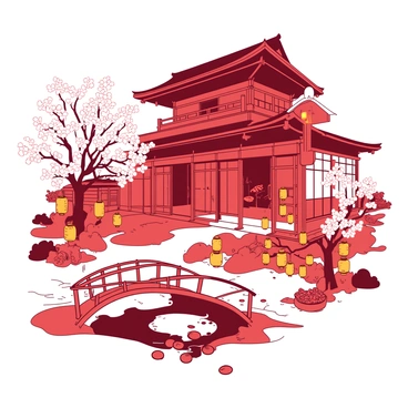 A red traditional Japanese building stands tall, showcasing intricate wooden details and sliding paper doors. Surrounding the building, several orange lanterns hang gracefully, illuminating the scene with a warm glow. Pathways made of smooth stones wind between patches of greenery, leading to small tranquil gardens filled with vibrant flowers. Above, delicate cherry blossom branches lightly sway in the breeze, adding a touch of nature to the architectural beauty. In the foreground, a small wooden bridge arches over a serene pond reflecting the structure and lanterns.