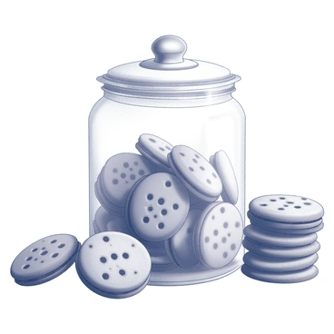 A cookie jar sits prominently on a table, transparent and filled with "8 cookies" neatly arranged inside. Beside the jar, "5 cookies" are stacked in a haphazard pile, creating a visual contrast between the cookies inside and outside the jar. The scene captures the cookies' textures, with a focus on their shapes and details, highlighting the abundance and playful arrangement of the cookies.