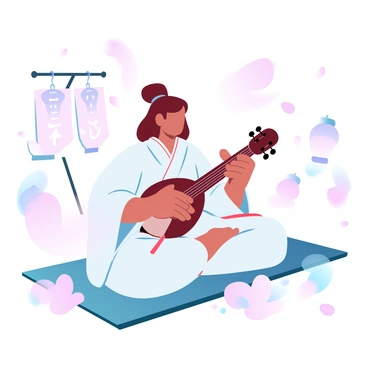 A miko dressed in a traditional white kimono with red accents is seated on a tatami mat. She is skillfully playing a shamisen, holding the instrument with both hands and focused on producing music. Surrounding her are decorative lanterns glowing softly, creating a warm atmosphere. Various festival banners in the background display colorful patterns. A few attendees are sitting nearby, enjoying the performance, while cherry blossom petals drift gently in the air.