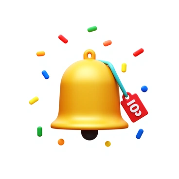 A bell with a sale tag attached, surrounded by colorful confetti