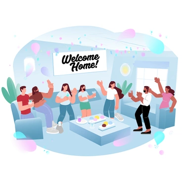 A spacious living room filled with cheerful guests celebrating a homecoming party. Colorful streamers hang from the ceiling, and a large banner that says "Welcome Home!" is prominently displayed on one wall. Guests of various ages are mingling, some holding drinks and snacks. A table is decorated with a variety of colorful party treats, and balloons in different pastel shades float around the room. The atmosphere is filled with laughter and excitement as people engage in conversation and share joyful moments.