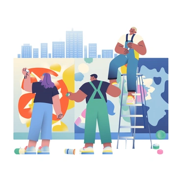 A group of three street artists is actively painting large, vibrant murals on urban walls. One artist, a woman with long purple hair, is using a bright orange spray paint to create intricate designs. Next to her, a man with short, dark hair and a black t-shirt is applying blue paint, forming bold geometric shapes. The third artist, a person with a shaved head and multicolored overalls, stands on a ladder and is adding details in white paint to a mural featuring a fantastical creature. Paint cans of various colors lie scattered on the ground around them, and the cityscape with buildings and a clear blue sky provides a lively backdrop.