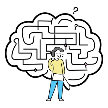 A maze-like structure shaped like a brain, consisting of interconnected pathways that resemble neural connections. A figure, wearing a simple, neutral-colored outfit, is standing in the center of the maze, contemplating the various routes. The pathways are lined with abstract shapes and icons representing different thoughts and ideas. The figure’s body language suggests curiosity as they explore one of the pathways, with their gaze directed forward. The overall composition emphasizes the complexity of the maze while highlighting the figure's journey through the intricacies of thought.