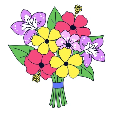 A vibrant bouquet of tropical flowers featuring several large hibiscus blossoms in bright red and yellow tones. Interspersed among the hibiscus are delicate orchids with intricate patterns in shades of purple and white. The bouquet is arranged with lush green leaves that enhance the vivid colors of the flowers. The stems are neatly tied together with a simple ribbon, creating a visually appealing composition.